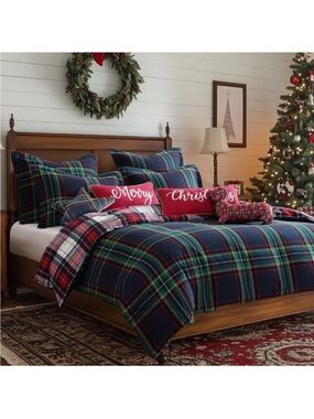 🆕 PB Style Navy Plaid Christmas Duvet Set King Reversible Cotton Reversible NEW